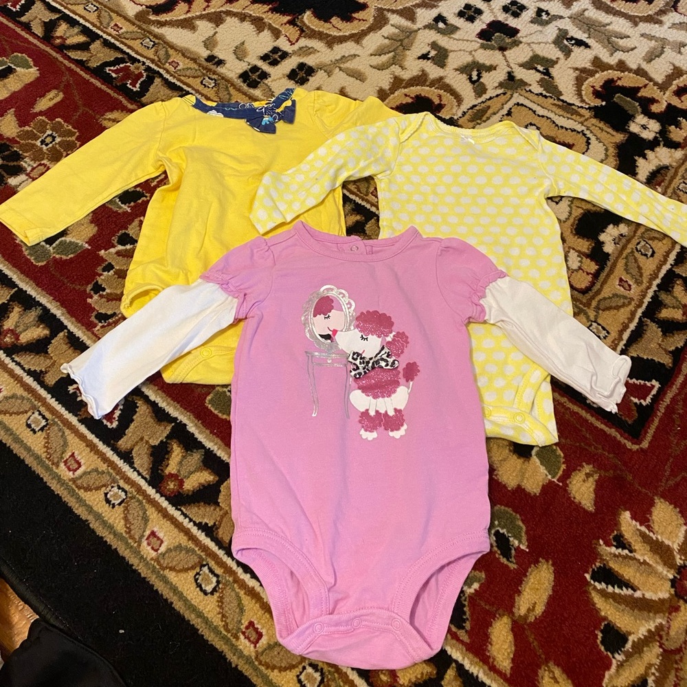 6M of Three Baby Bodysuits - Pink, Yellow, and Polka Dot